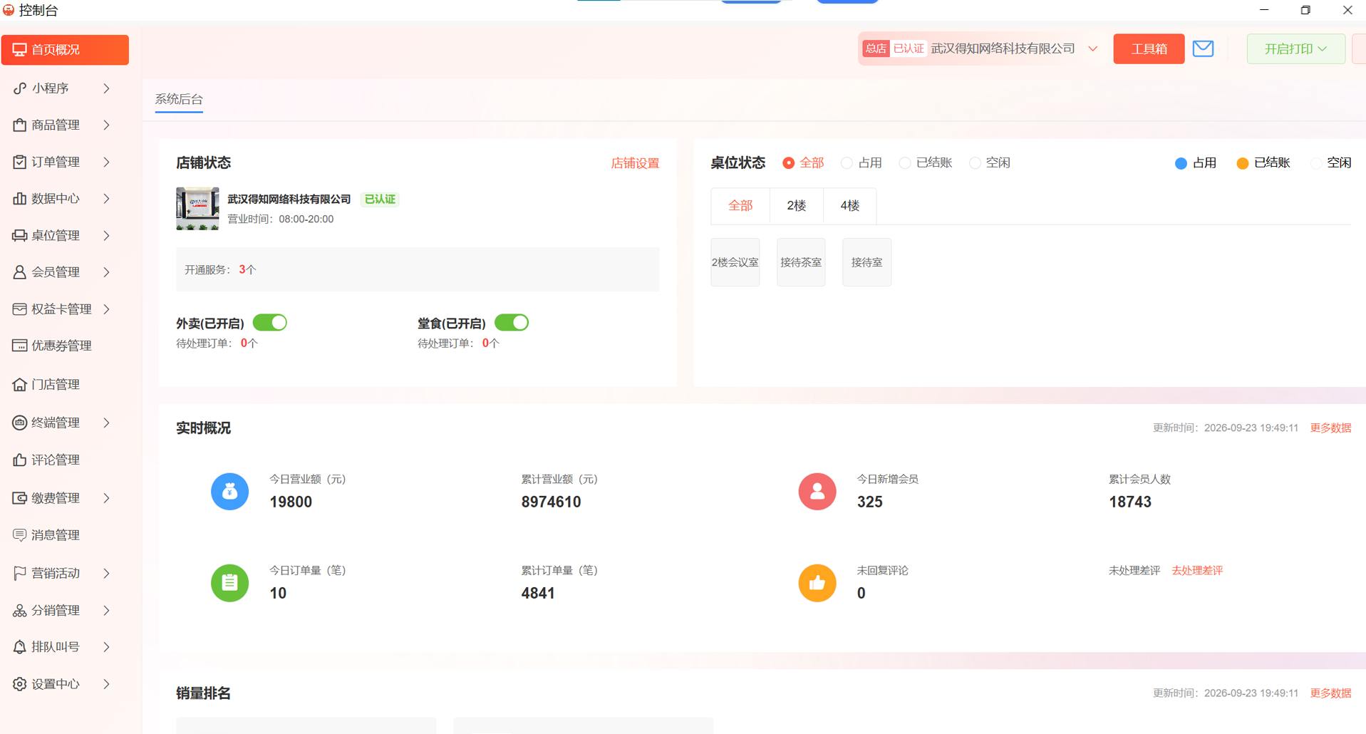 来客收银台后台：营收与会员数据